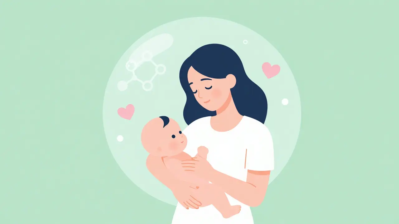 Mother and baby protected by glow symbolizing safe medication