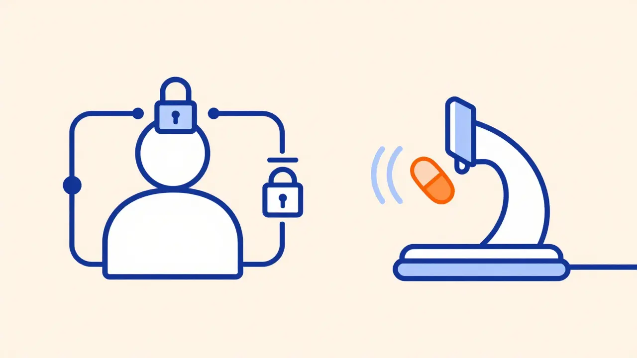 Simple graphic showing secure supply chain and pill analysis