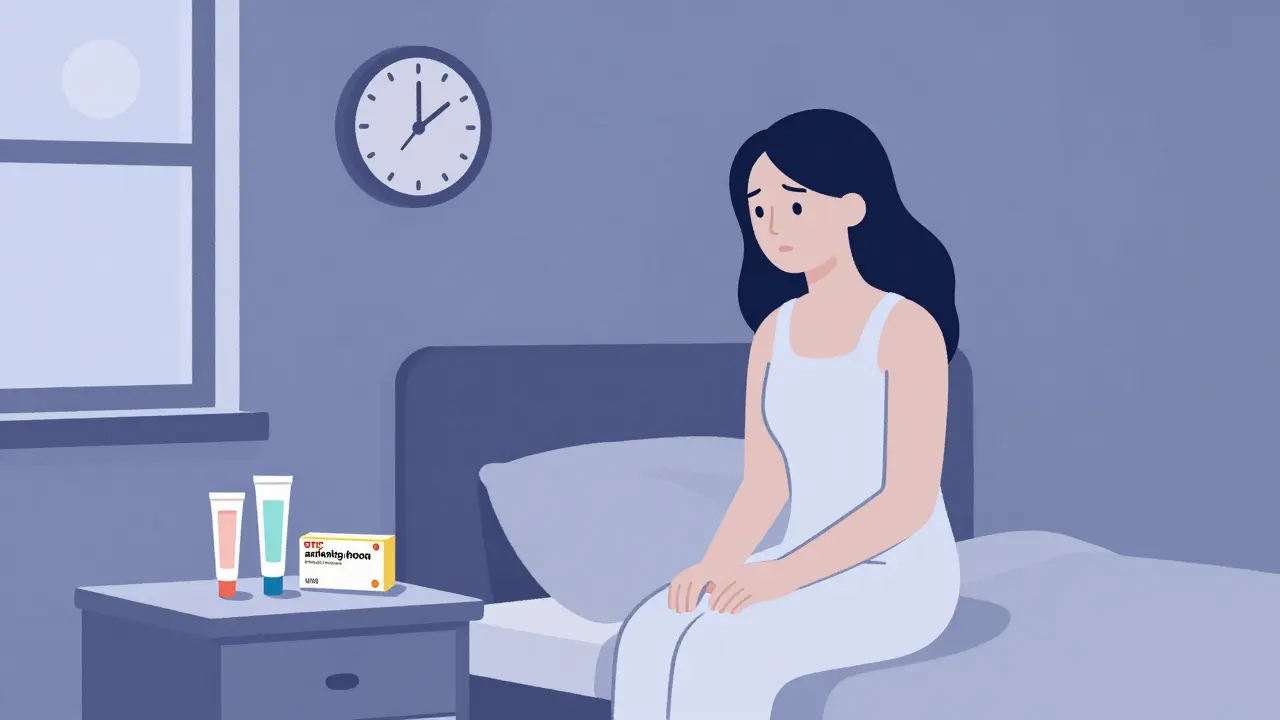Woman preparing for nighttime application of OTC yeast infection treatment.