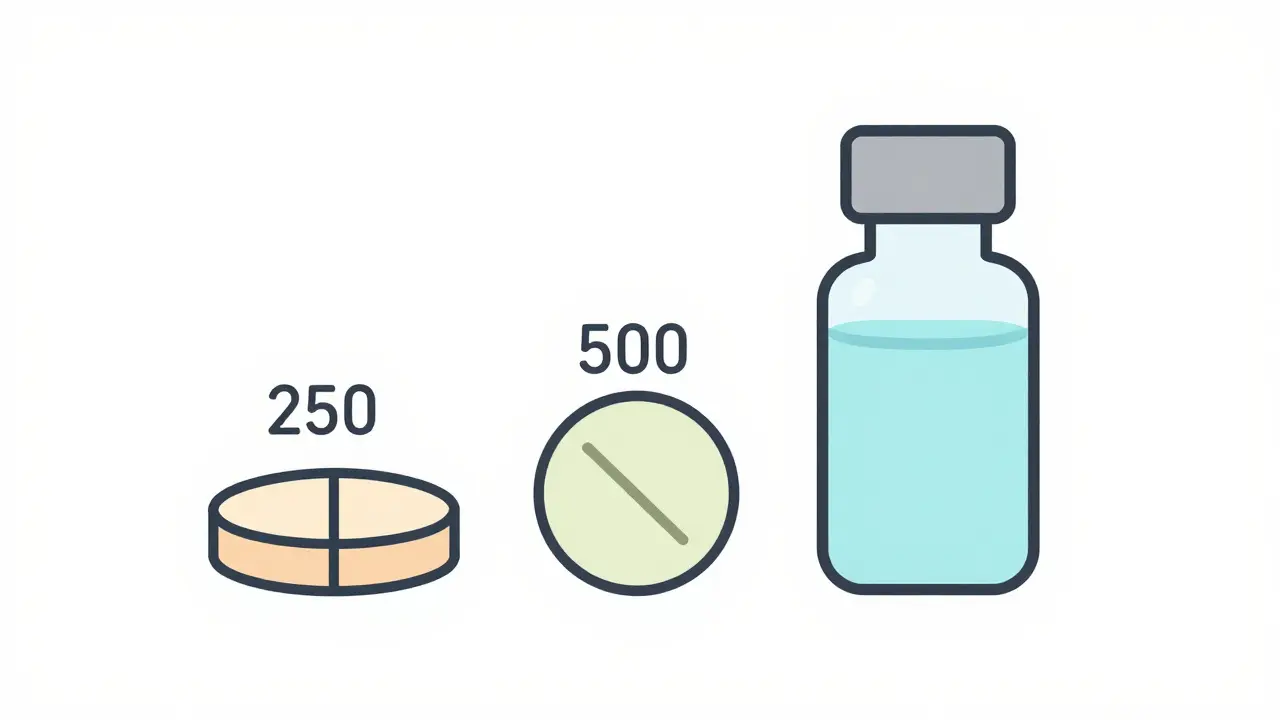 A clean, educational diagram displaying the different dosage forms of clarithromycin available, including tablets and oral suspension, for patient understanding.