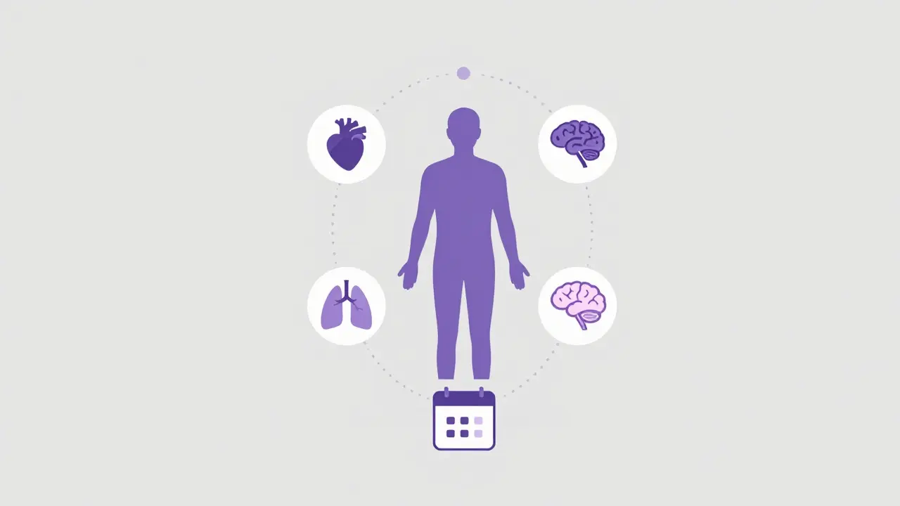Abstract illustration of body systems linked to a calendar for health monitoring.