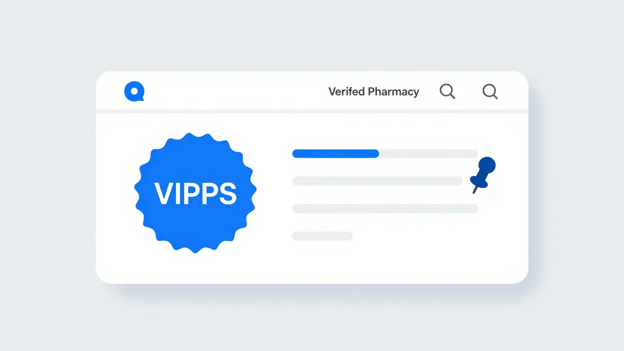 An illustration of a secure online pharmacy webpage featuring verification seals and contact information, advising users to choose legitimate sources for their medications.