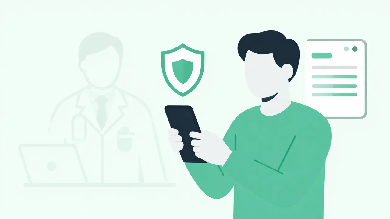 Cartoon style graphic showing secure online pharmacy prescription upload