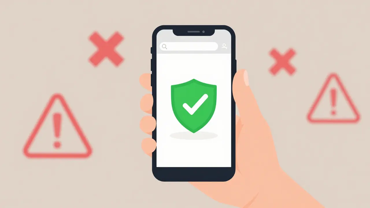 Hand holding phone showing safe online pharmacy verification symbols