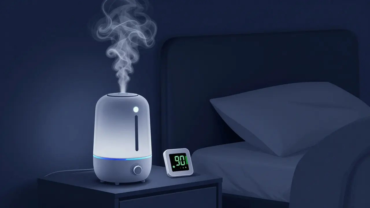 Humidifier releasing mist in a dark, serene bedroom setting