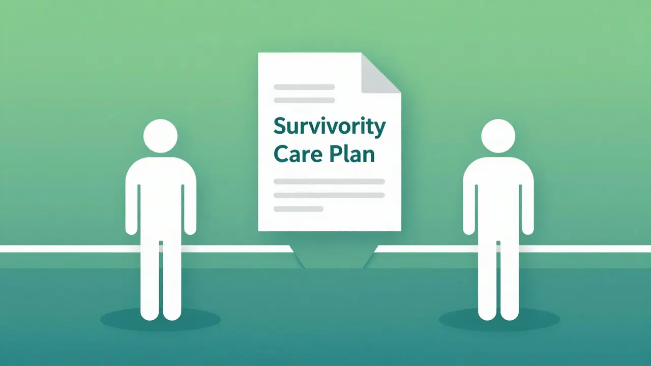 Minimalist art showing a care plan bridging oncologist and primary care doctor.