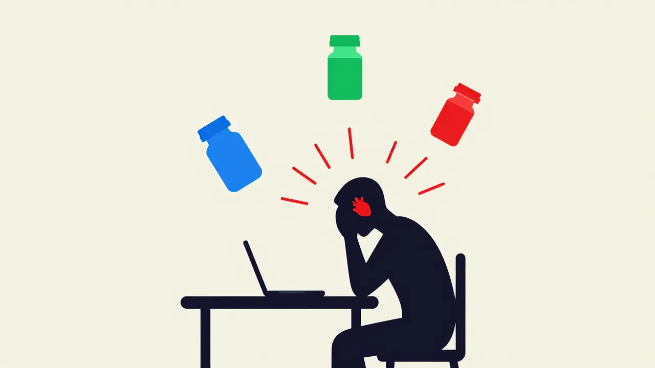 Patient surrounded by pills causing toxicity symptoms