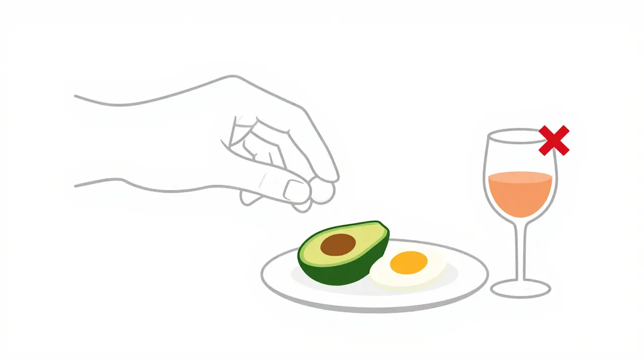 Pill with food and alcohol warning illustration