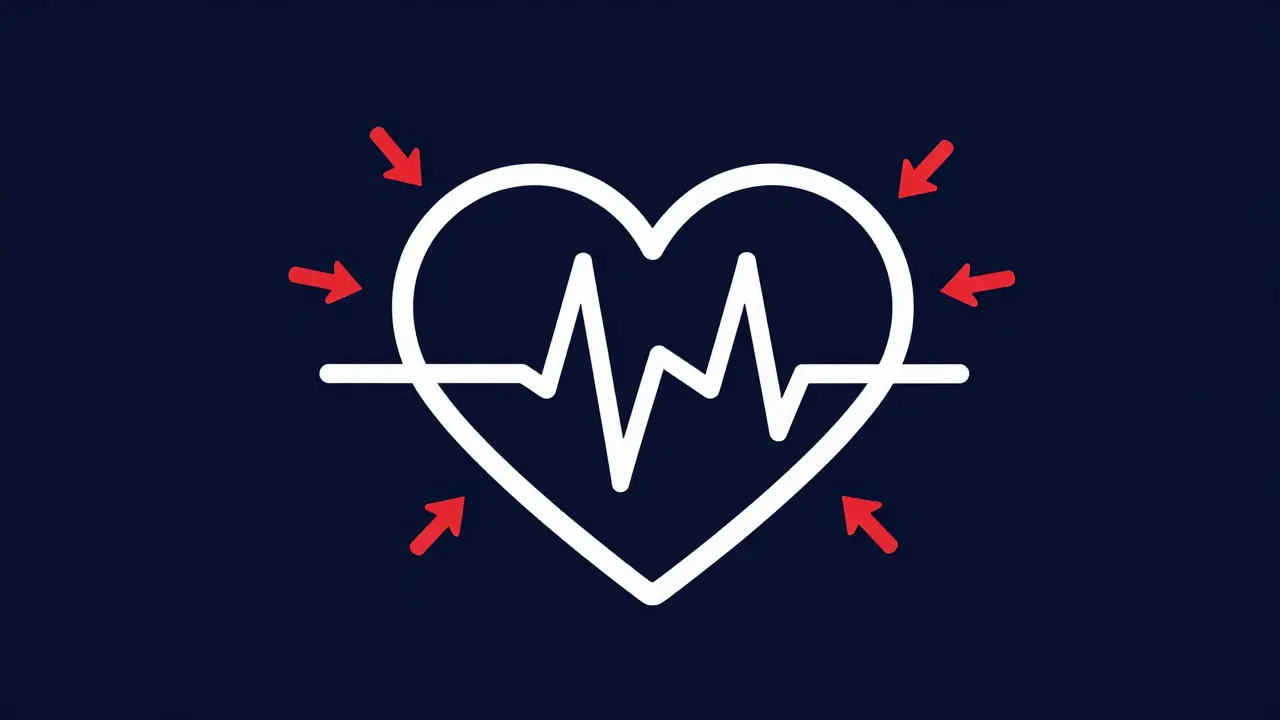 Stylized heart with erratic zigzags showing arrhythmia risk