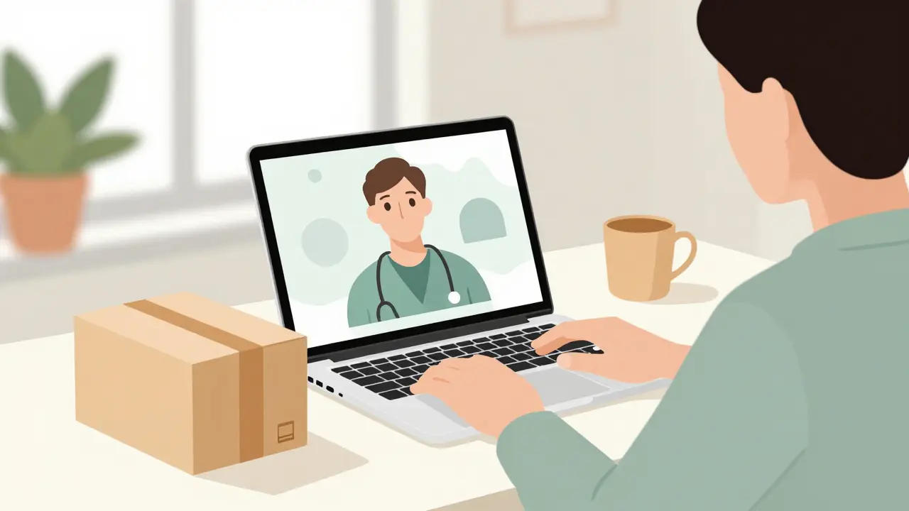 Telemedicine video call and home delivery package illustration