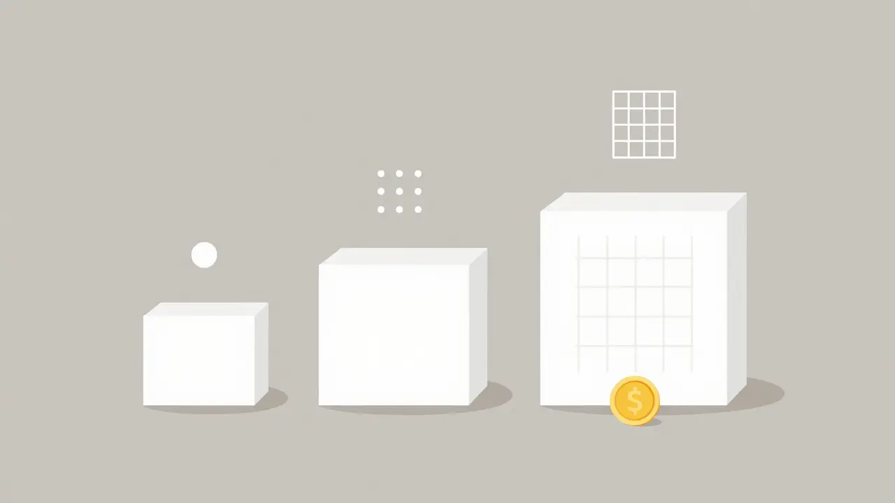 Three medicine boxes of increasing size illustrating bulk buying value