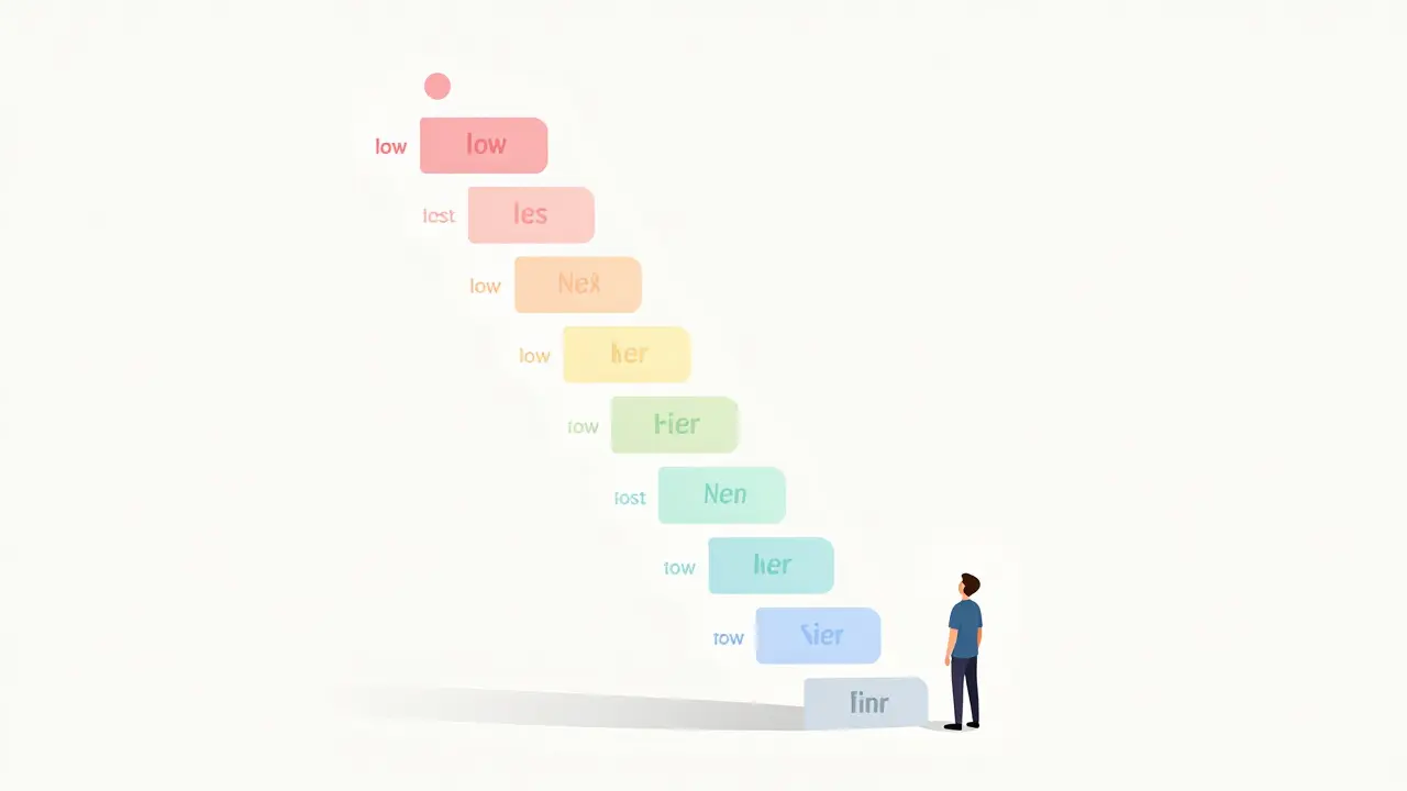Abstract staircase representing medication cost tiers in minimalist art