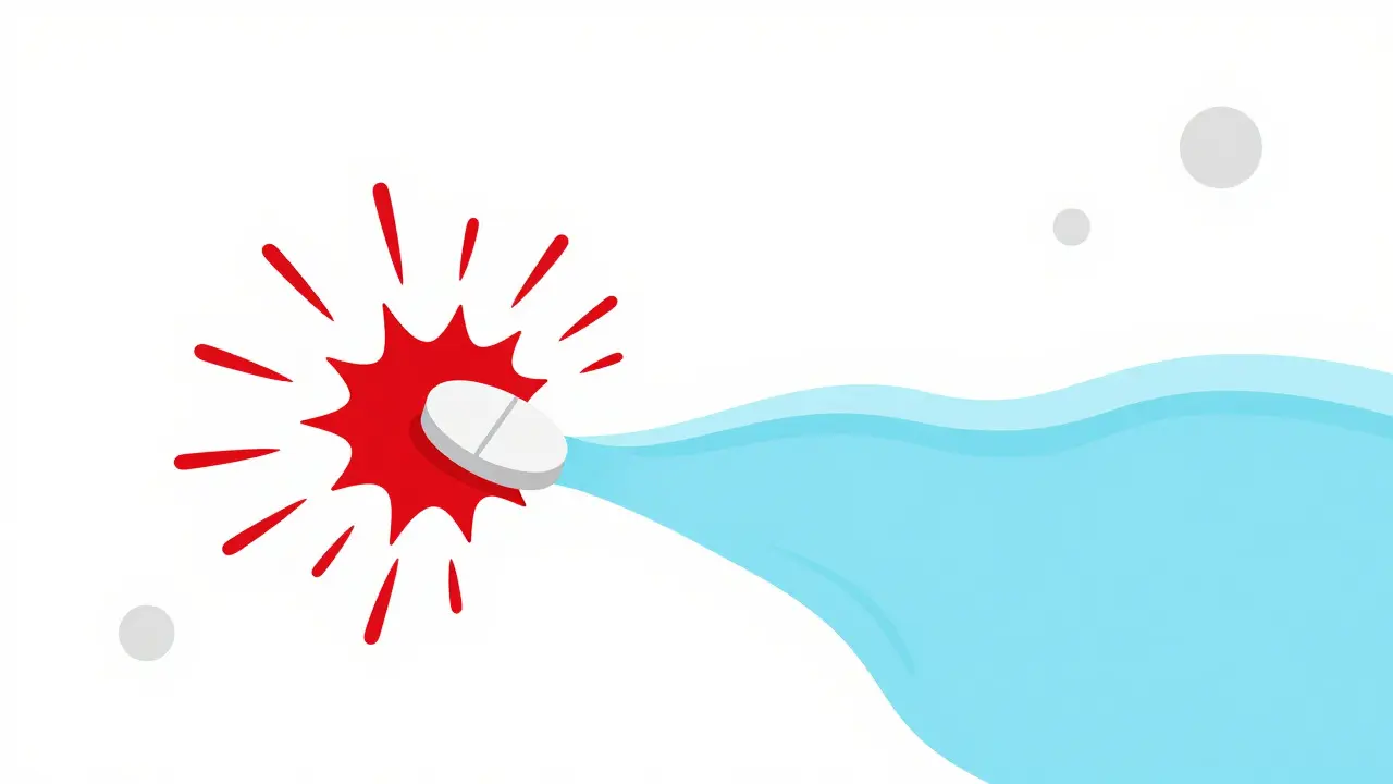 Antacid tablet dissolving to neutralize stomach acid in minimalist style