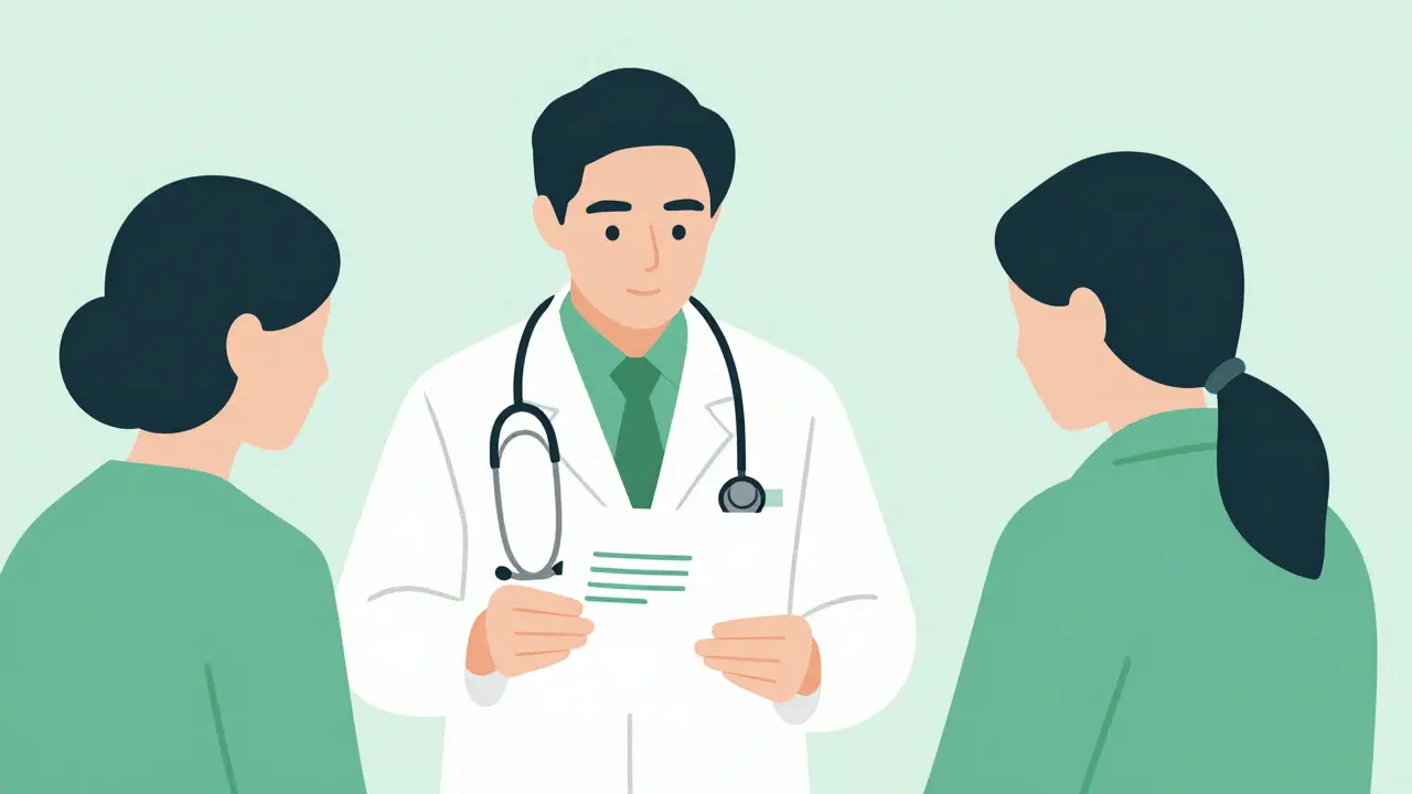 Doctor and patient reviewing documents in a supportive minimalist scene