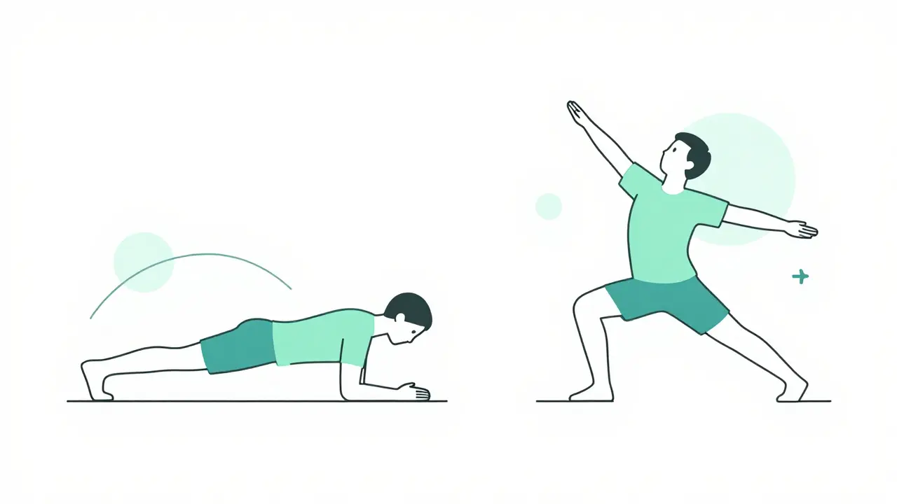 Figures doing core exercises and stretching in simple line art
