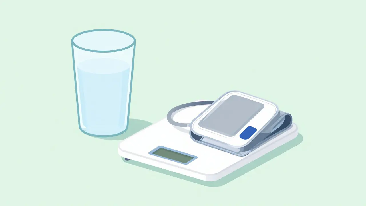 Glass of water, scale, and blood pressure monitor for health tracking