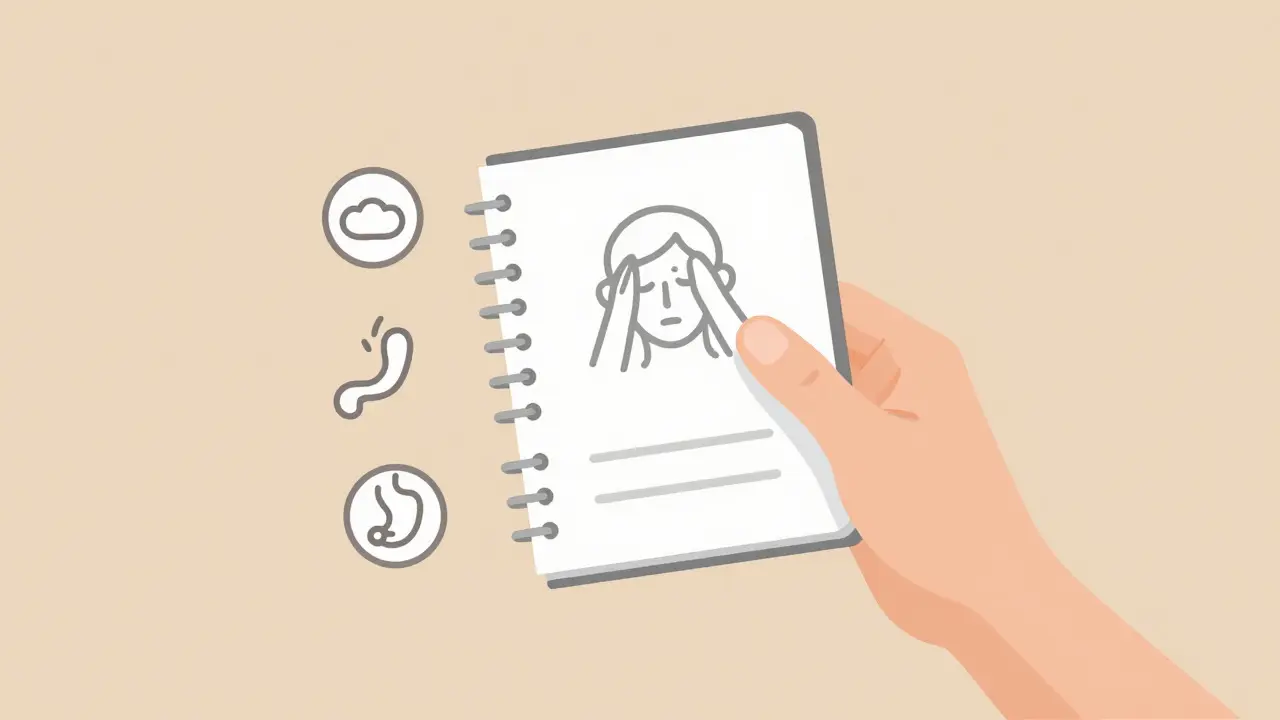 Hand holding journal with symptom icons