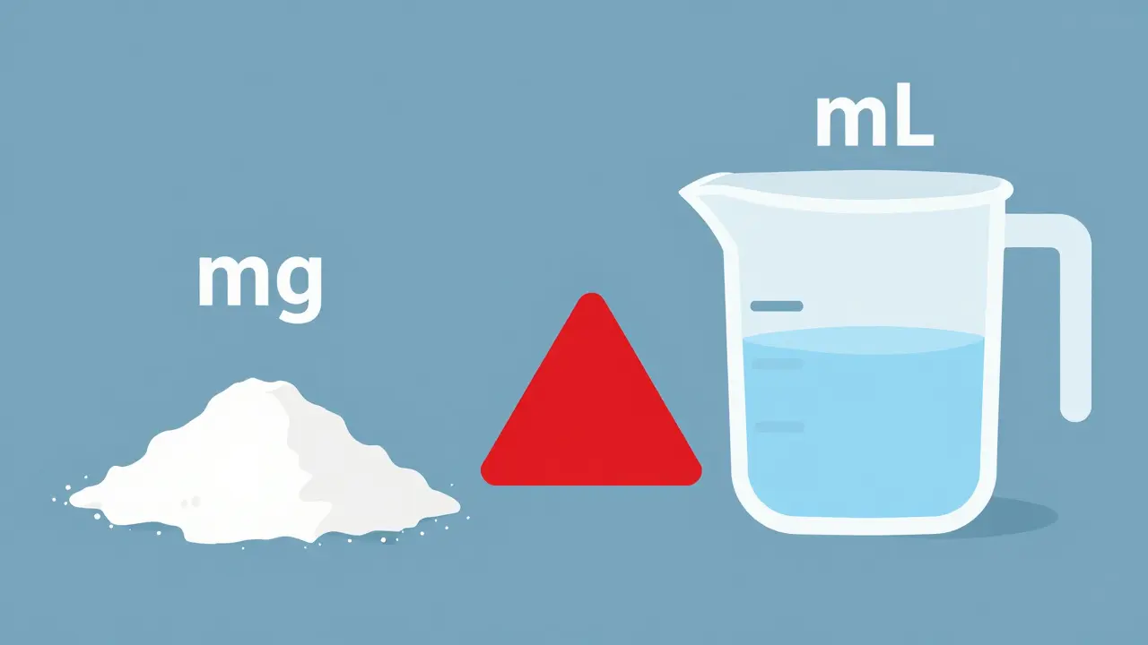 Illustration contrasting milligrams and milliliters with a warning sign