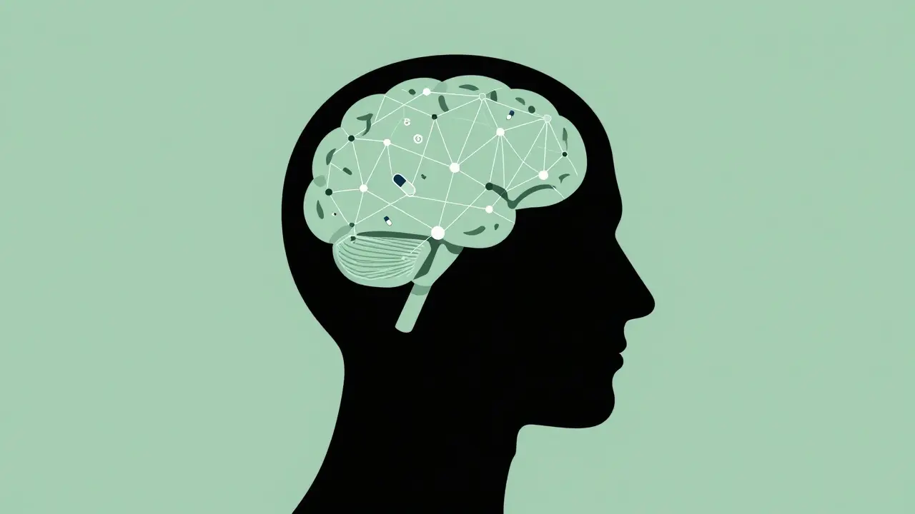Minimalist graphic of a human head filled with a data network representing drug safety monitoring.