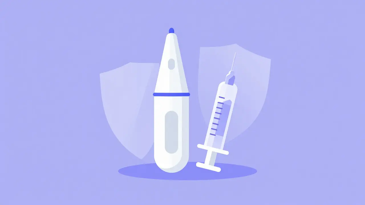 Minimalist graphic of IUD and injection as reliable birth control options.