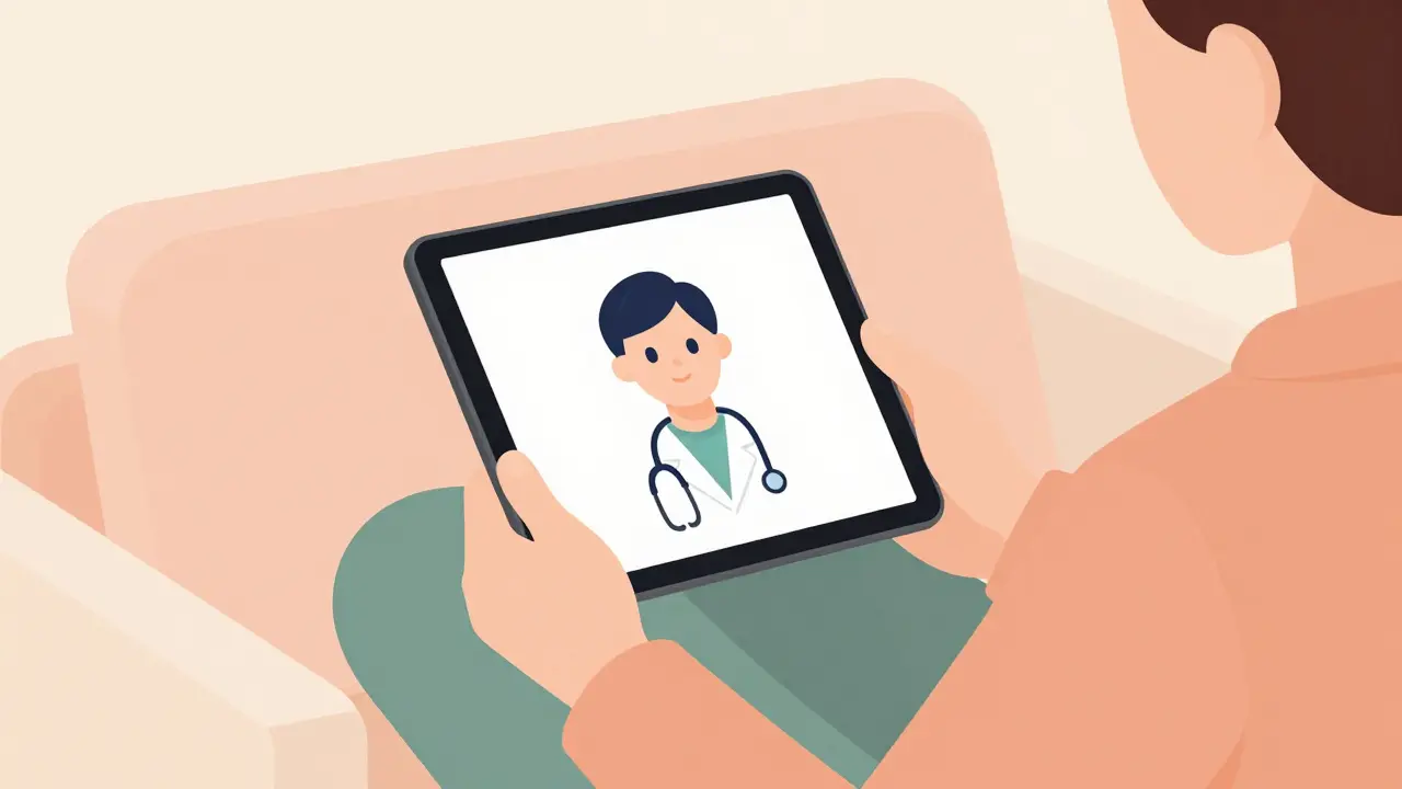 Person using tablet for remote telehealth doctor consultation at home