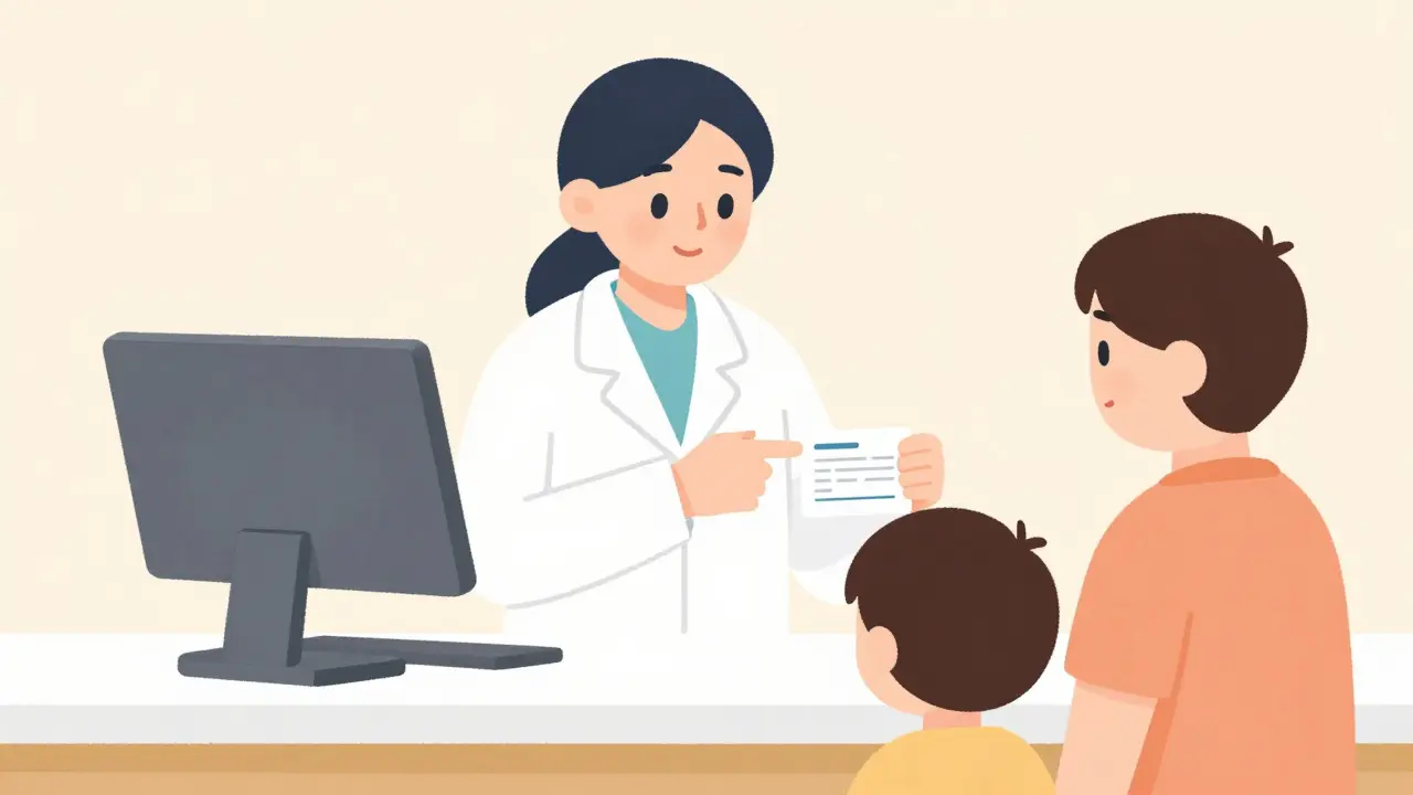 Pharmacist explaining prescription details to a parent