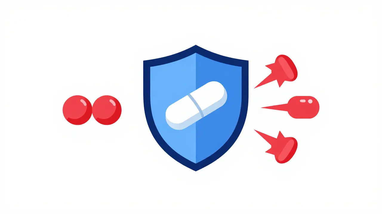 Safety shield protecting generic pills from online pharmacy scam icons