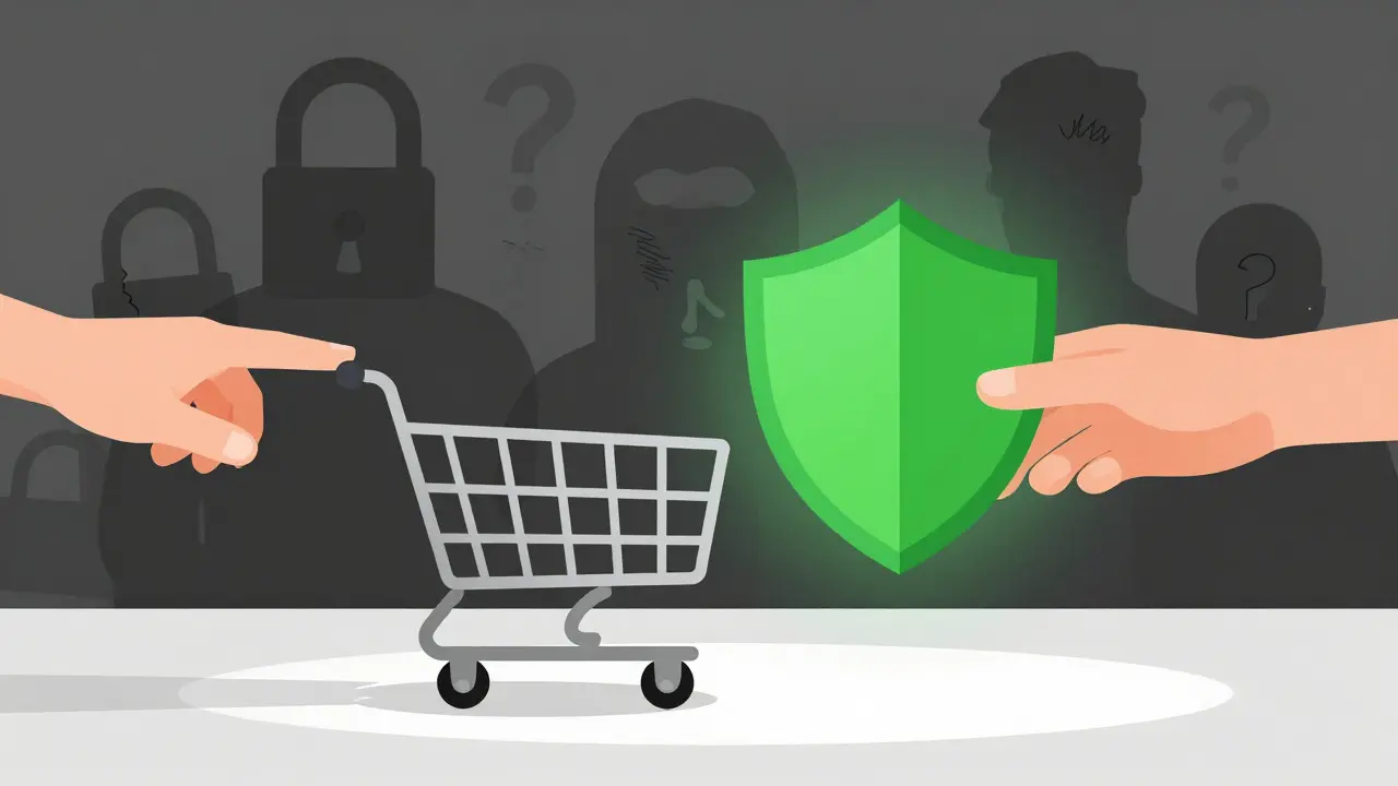 Shopping cart moving toward safety shield away from scam shadows