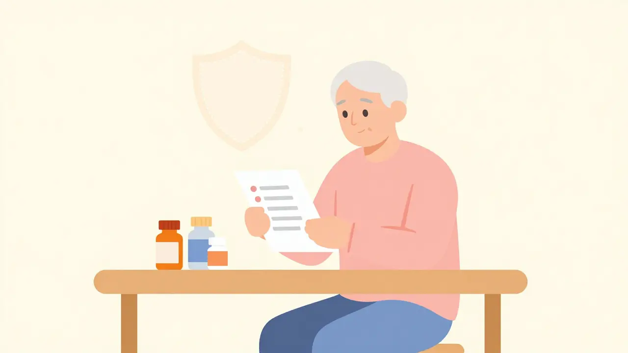 Simple illustration of an elderly person reviewing pill bottles with a protective shield icon above.