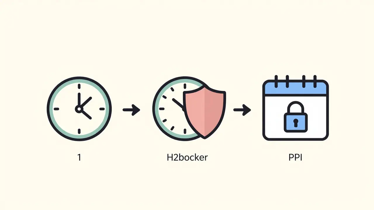 Timeline graphic comparing antacid, H2 blocker, and PPI treatment durations