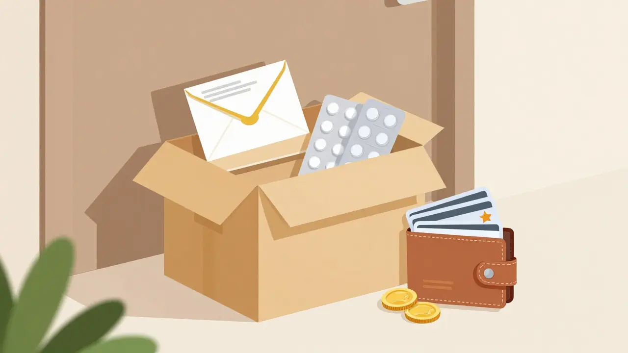 A delivered package of medication next to a wallet showing cost savings