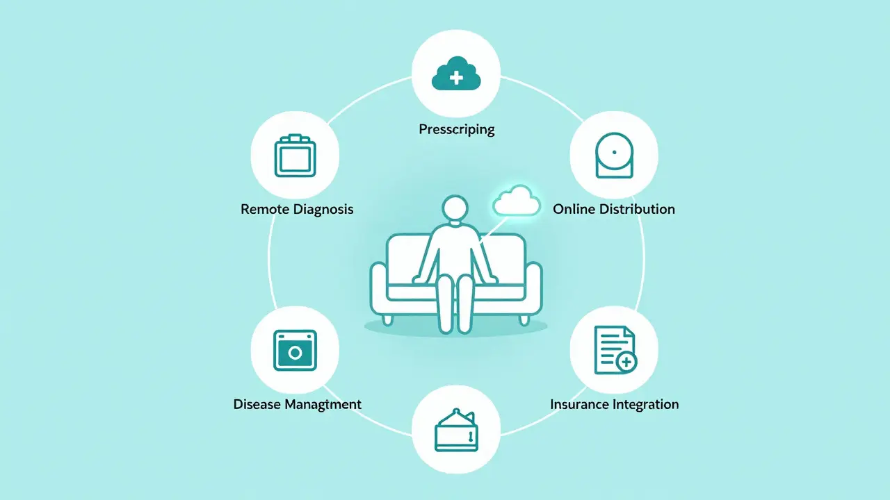 Abstract diagram of integrated DTC healthcare services around a patient
