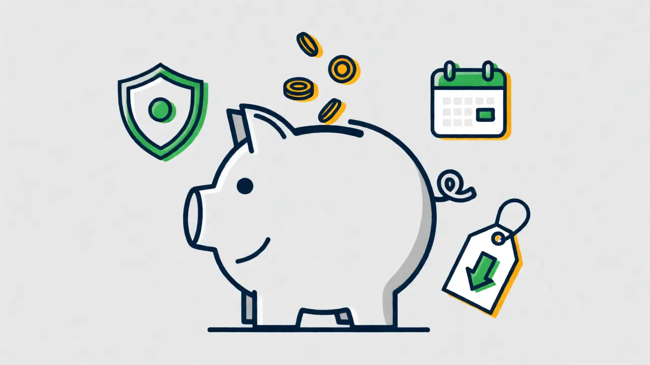 Cartoon piggy bank head receiving coins with icons for safety and savings nearby.