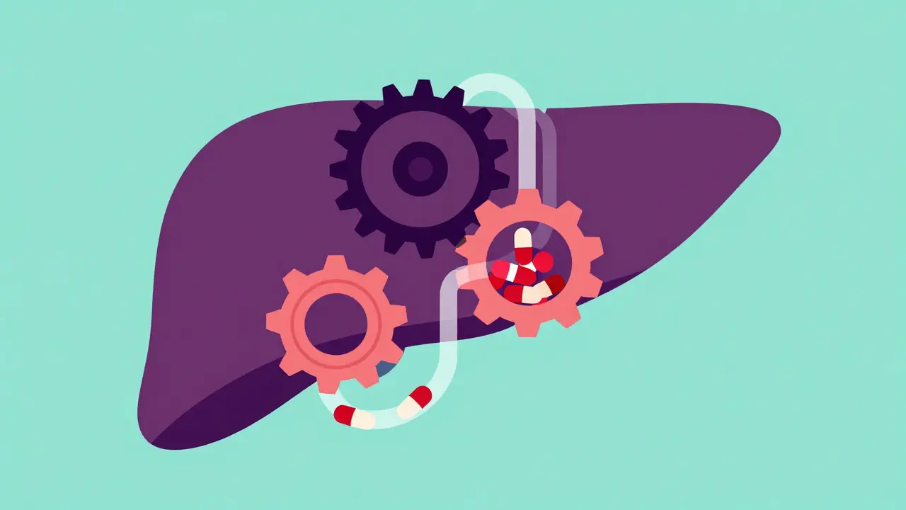 Conceptual art of liver gears blocking pill flow to represent enzyme inhibition