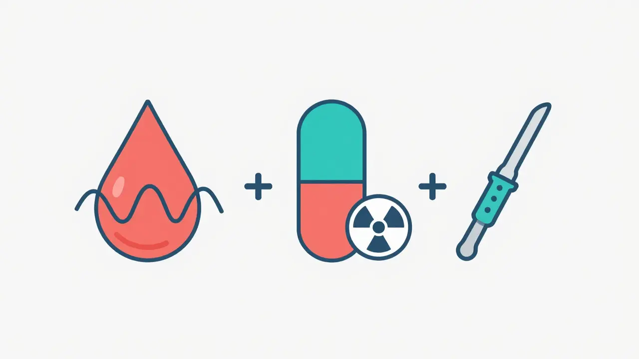 Conceptual art showing blood tests and three treatment options