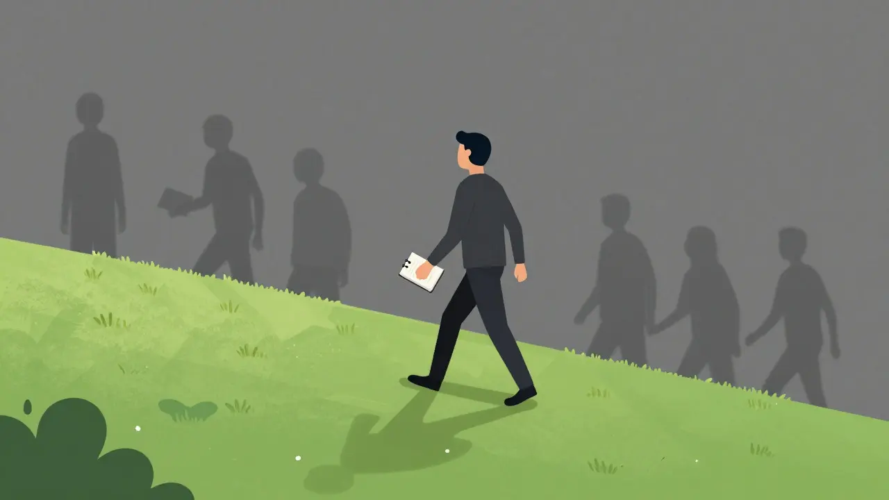 Conceptual minimalist art of a person walking uphill with a notebook, symbolizing active recovery