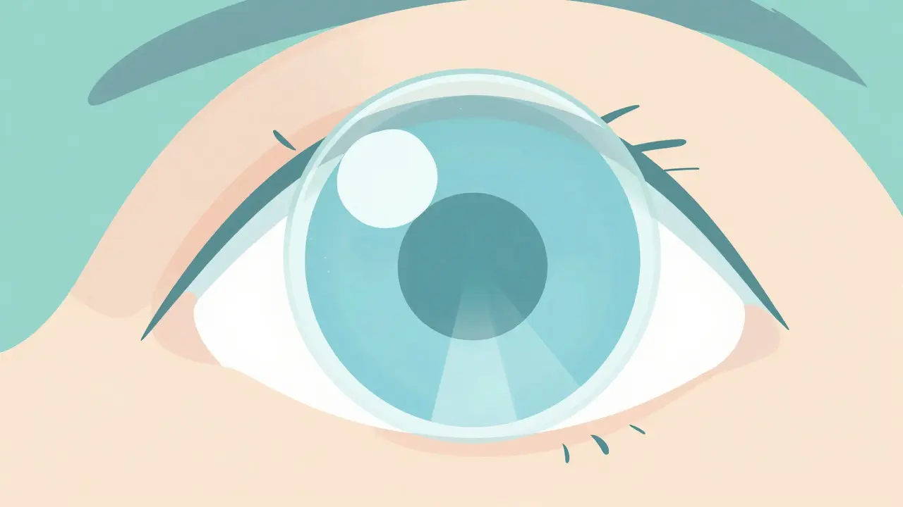 Cross-section showing scleral lens vaulting over irregular cornea to smooth vision