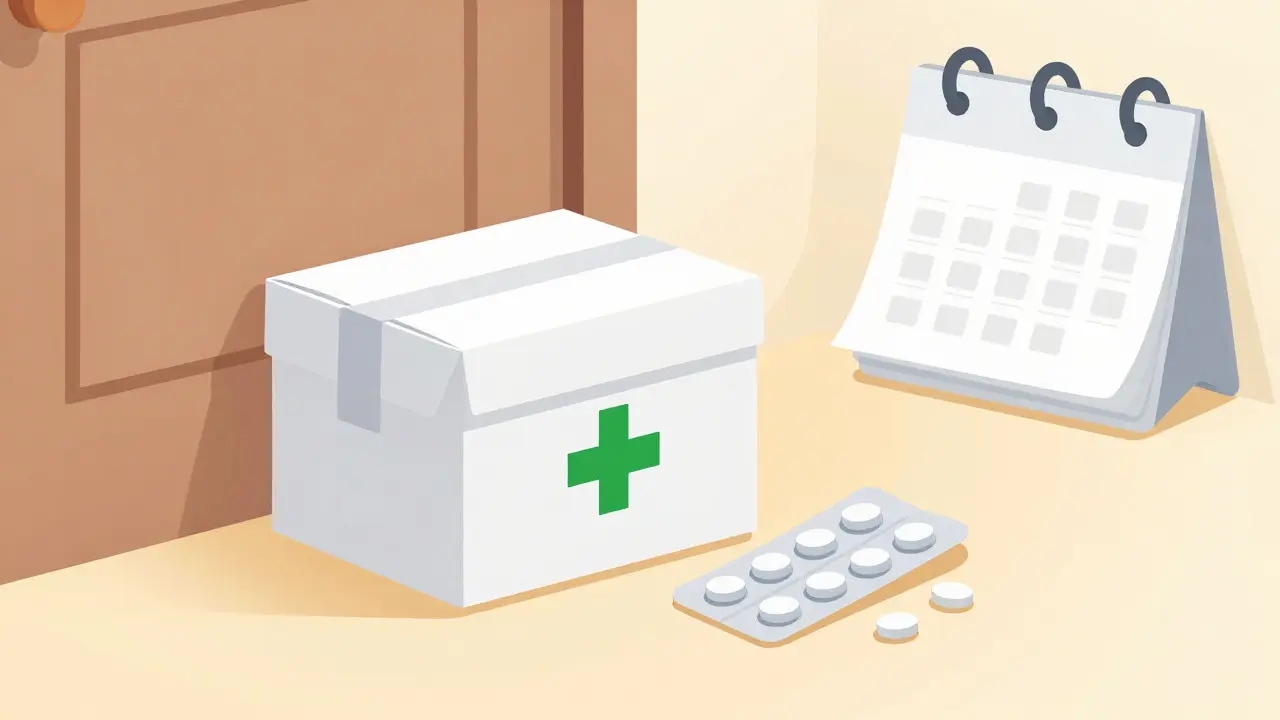 Delivery box with medicine arriving at a front door