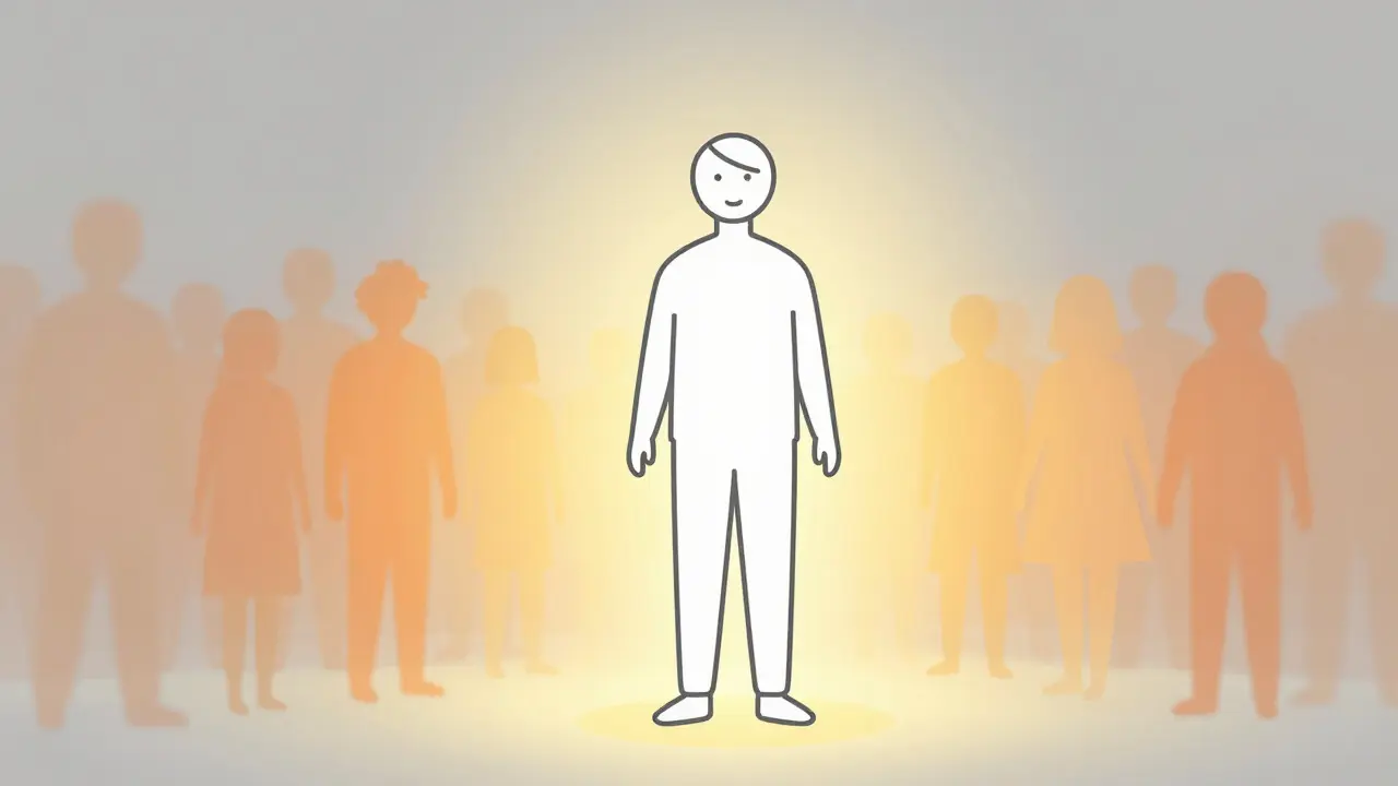 Figure glowing with confidence amidst social interaction