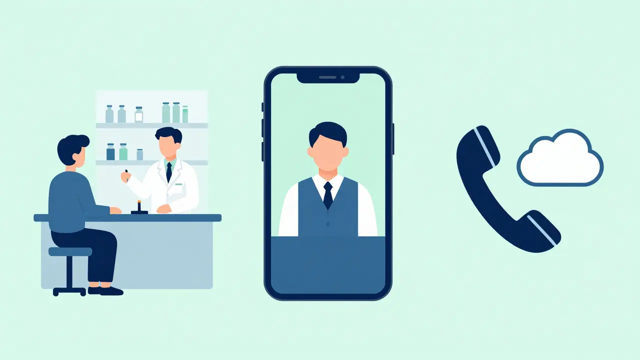 Flat design illustration showing in-person, video, and phone interpretation services helping patients at a pharmacy.