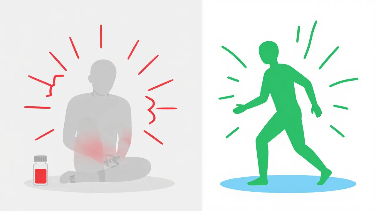 Flat vector art contrasting passive pain suffering with active physical therapy movement