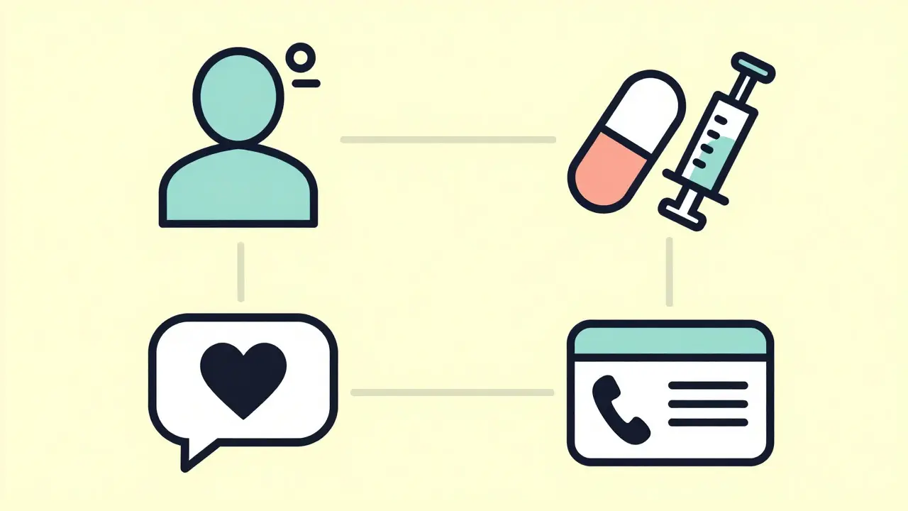 Four icons representing patient, drug, event, and reporter details connected