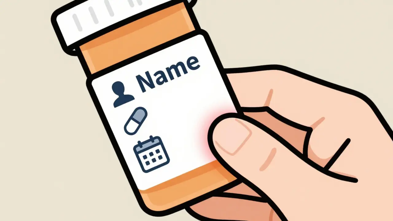 Hand holding a prescription bottle with symbolic icons highlighting label verification