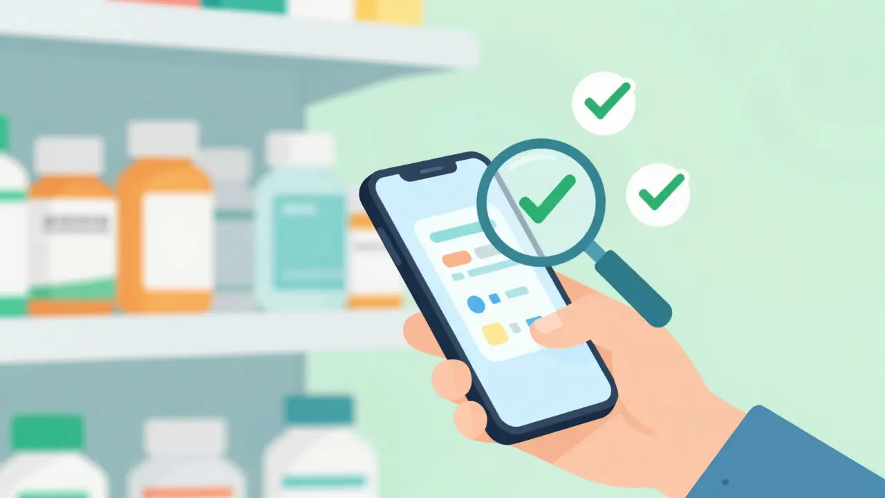 Hand scanning pharmacy shelves with a phone to compare prices