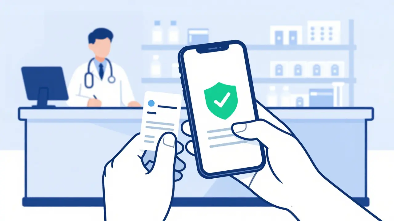 Hands holding a phone and prescription while verifying online pharmacy security