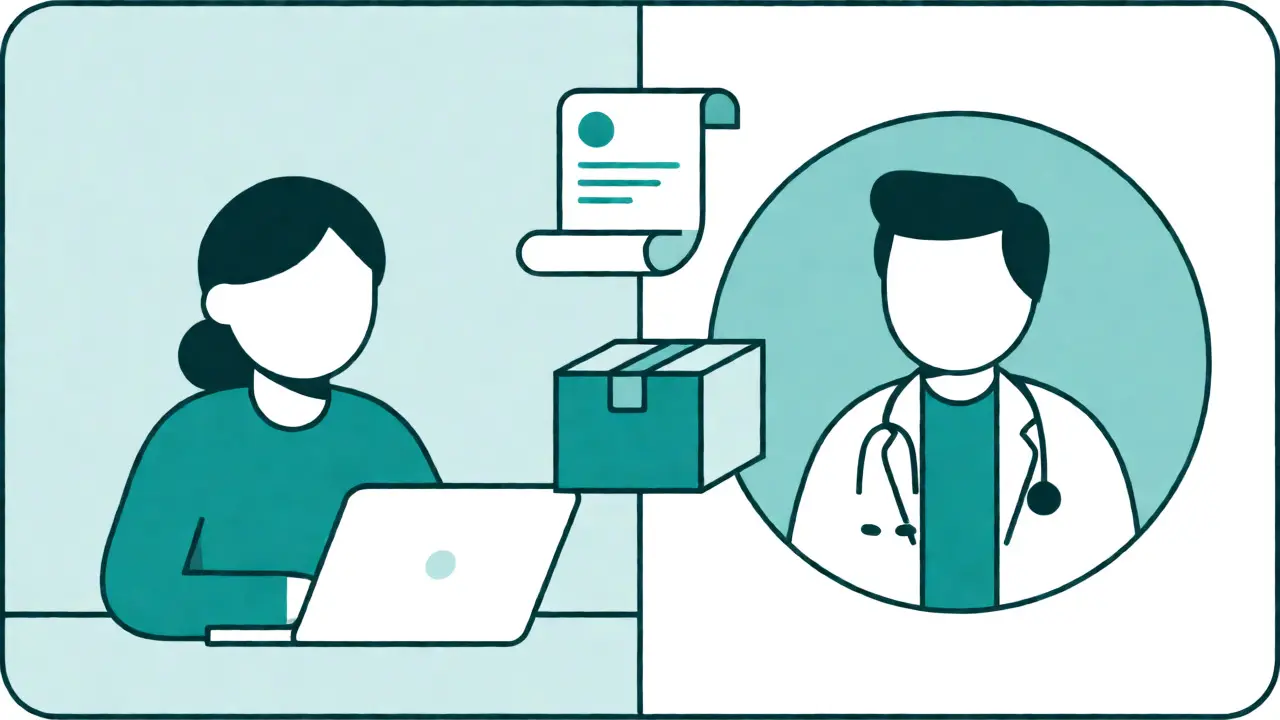 Illustration of a patient and doctor in a video call with a prescription icon between them.