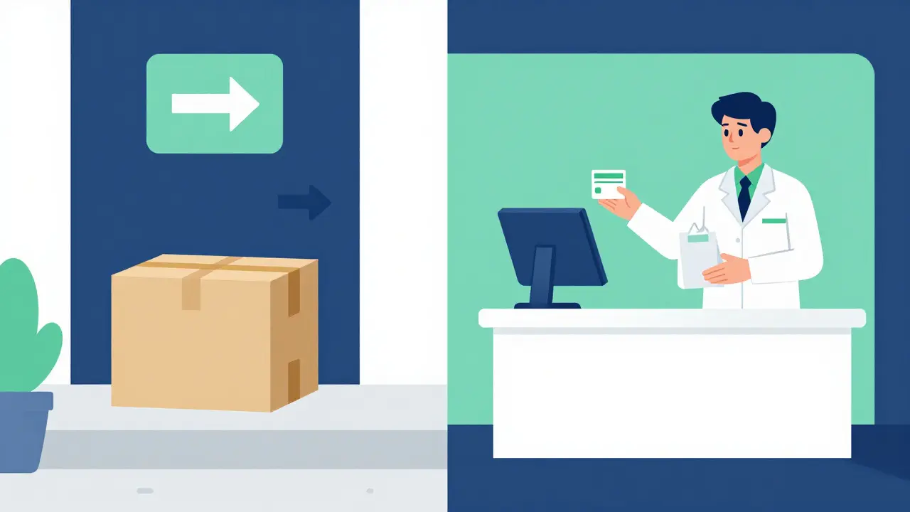 Illustration showing home delivery package and local pharmacy pickup options