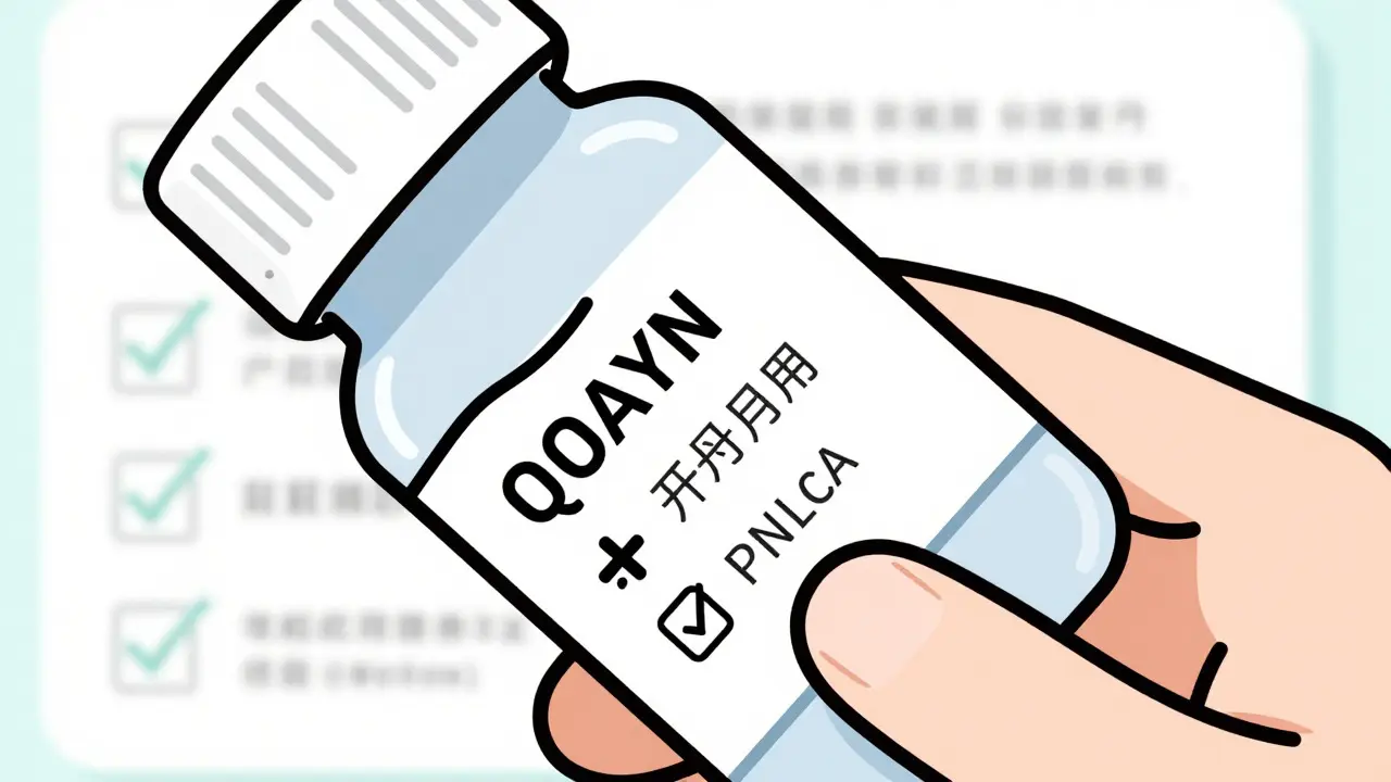 Minimalist art of a medication bottle with translated labels and safety symbols ensuring patient understanding.