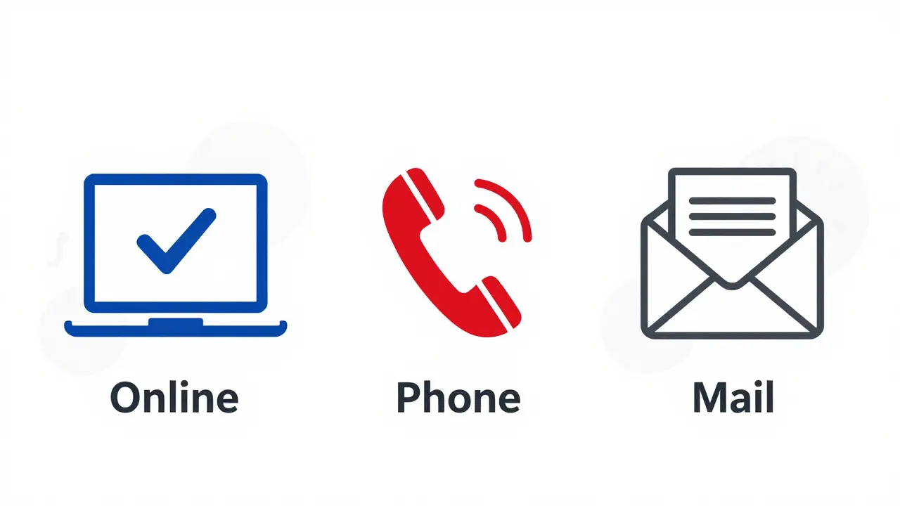 Minimalist icons for online, phone, and mail reporting methods side-by-side