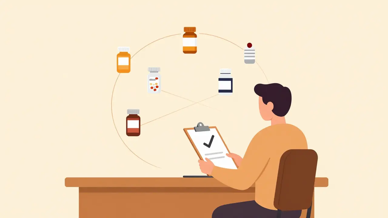 Person managing medications safely with a calm, organized arrangement of pills